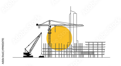 Vector illustration of industrial construction site with crane and scaffolding