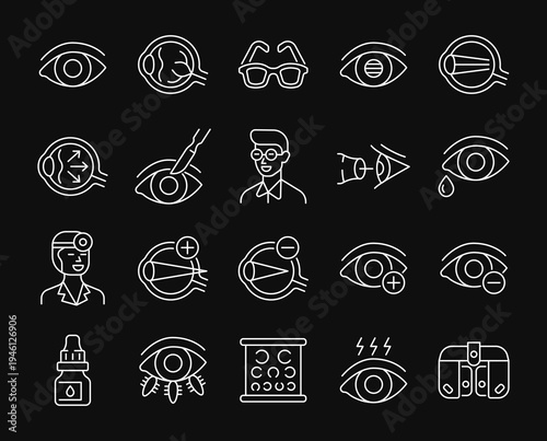 Ophthalmology line white icon set. Vision diagnostic and treatment outline symbol. Vector collection with eye, laser surgery, glasses, ophthalmologist, phoropter, hyperopia, myopia. Editable stroke.