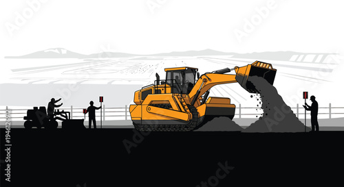 Vector illustration of yellow excavator and road workers on construction site