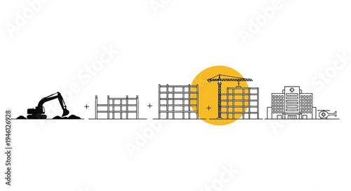 Set of 6 construction icons vector, black and yellow