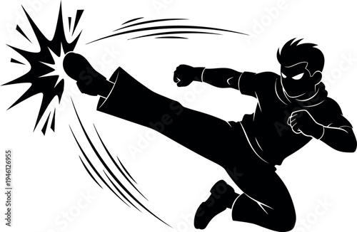 Dynamic martial artist executing a powerful spinning kick with energy burst Vector
