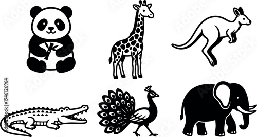 Black and white flat design animal icons including panda eating bamboo giraffe standing kangaroo jumping crocodile with open mouth peacock spreading tail and elephant silhouette