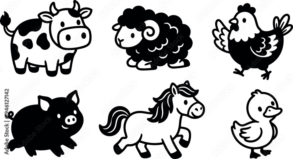Obraz premium Cute black and white farm animal icons featuring smiling cow sheep chicken pig horse and duck in simple vector style