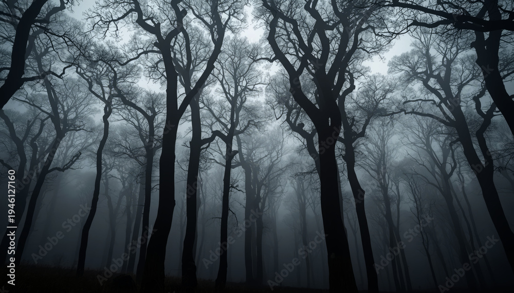 Naklejka premium A dark and mysterious forest with bare trees on a foggy day
