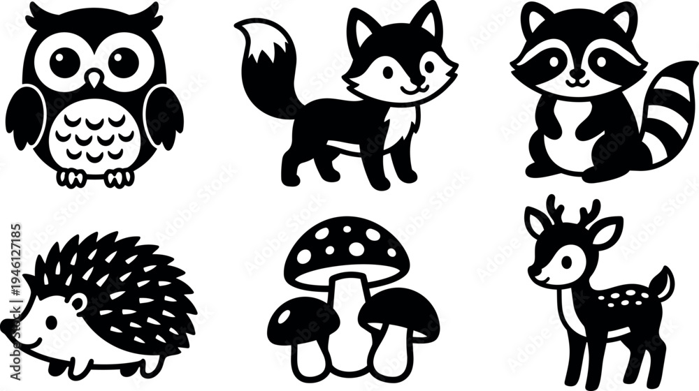 Fototapeta premium Cute forest animals and mushroom cluster vector art set with owl fox raccoon hedgehog and deer in black and white silhouette style