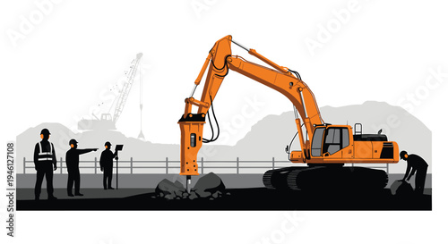 Vector illustration of orange excavator and workers on construction site