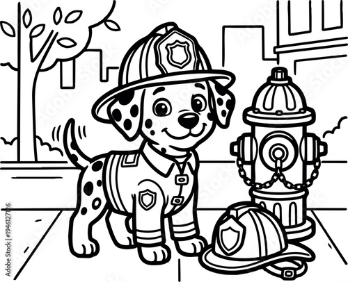 Cute dalmatian puppy wearing firefighter uniform standing near fire hydrant with extra helmet on city sidewalk outline vector