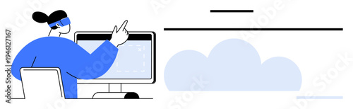 Cloud computing, technology services, data management, remote work, digital transformation, innovation. Person pointing at a computer with a cloud graphic nearby. Cloud computing and technology