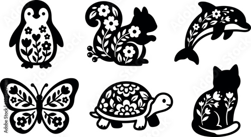 Black silhouette floral decorated vector art of penguin squirrel dolphin butterfly turtle and cat with nature themed style