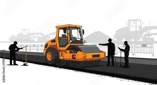 Vector illustration of road construction workers with roller