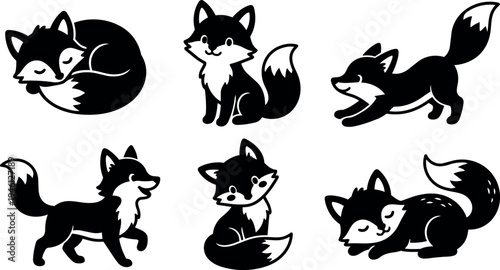 Cute black and white cartoon foxes in various playful and resting poses vector art set collection with simple shapes and friendly expressions