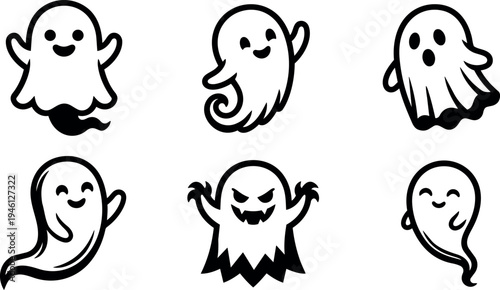 Minimalist black and white ghost icons set with smiling waving spooky characters in flat design style for halloween vector art collection