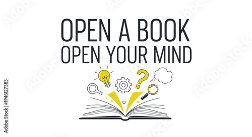 Vector illustration of open book with creative icons and inspirational quote