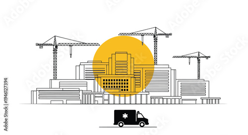 Vector illustration of cityscape with construction site and delivery van
