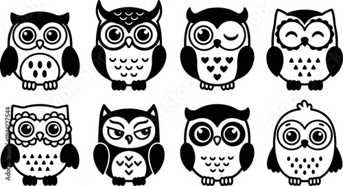 Black and white vector art collection of eight different cartoon owls with various expressions and patterns in flat design style