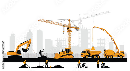 Set of construction vehicles and workers vector