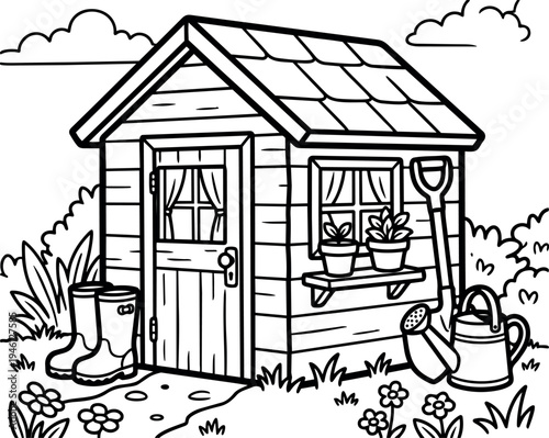 Black and white line art garden shed with door window boots watering can and shovel surrounded by plants flowers and grass garden tools outdoors