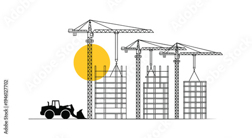 Vector illustration of construction site with cranes and tractor