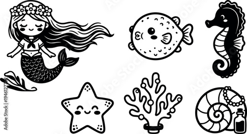 Cute mermaid with flower crown and long hair surrounded by happy sea creatures including starfish pufferfish seahorse coral and shell vector art