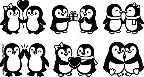 Cute cartoon penguin couple with balloon gift heart and scarf sharing love and happiness in adorable vector set