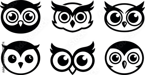 Black and white minimalist owl face icons set with varied expressions and rounded shapes for logo branding and digital design