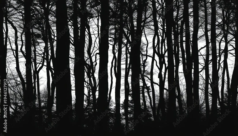 Naklejka premium A black and white forest landscape with tall trees silhouetted against a bright sky