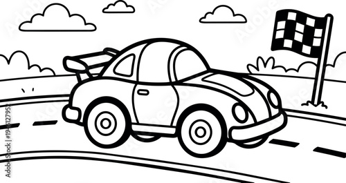 Black and white line art cute cartoon racing car driving on curved track near checkered flag and grassy hills under cartoon clouds