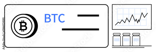Cryptocurrency, blockchain economy, digital transactions, economic growth, finance, investment trends. Bitcoin wallet graphic, rising stock chart jars financial storage. Cryptocurrency