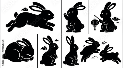 Flat design cute black bunny silhouettes showing different actions and poses with clouds and lantern simple vector art set