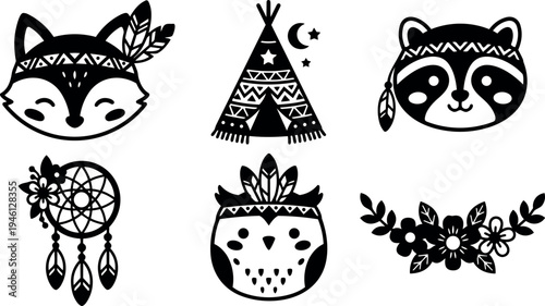 Black and white vector art of tribal style fox raccoon owl faces dreamcatcher teepee and floral decoration with feathers