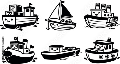 Cute smiling black and white cartoon boats set with sail fishing cargo and steamship faces vector line art collection