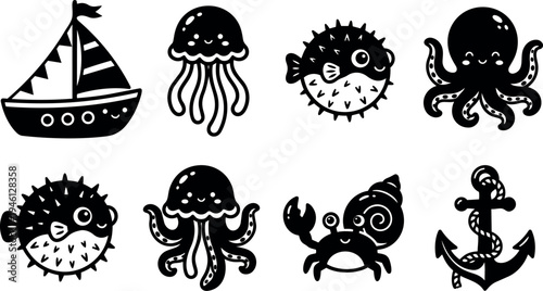 Cute black and white vector sea animals with smiling faces including octopus pufferfish crab jellyfish sailboat anchor icons