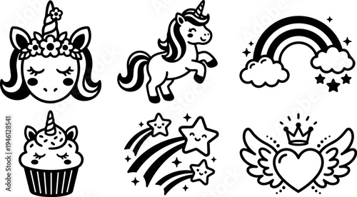 Cute smiling unicorn head with flowers magical pony prancing rainbow with stars cupcake shooting star wings and heart crown vector line art set