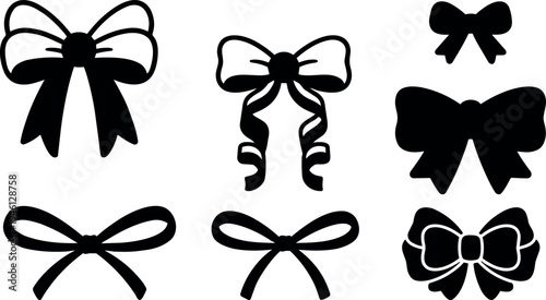 Collection of simple and decorative black bow silhouettes with different ribbon styles and curls isolated on white background
