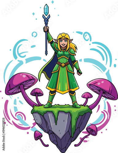 A strong female elf leader in vibrant green armor stands on a magical floating island, staff in hand, embodying courage and fantasy leadership.