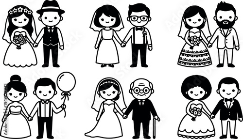 Black and white vector art of six different happy bride and groom couples holding hands in wedding attire smiling cartoon style