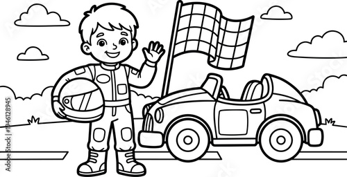 Cute smiling boy waving holding helmet standing near racing car with checkered flag on race track vector black and white line art
