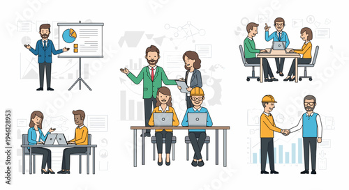 Diverse business people collaborating and presenting in various office scenarios