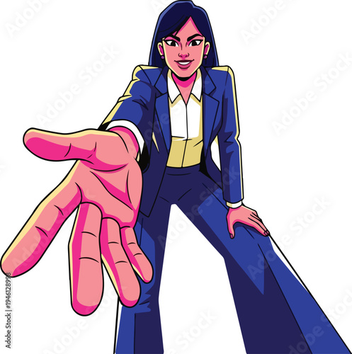 Confident female leader in a blue suit extends a welcoming hand, embodying empowerment and initiative in a modern vector art style.