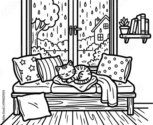 Cozy window seat with sleeping cat on blanket and decorative cushions rainy day outside home interior bookshelf above seat wood floor