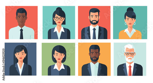 Diverse business professional avatars set on colored backgrounds
