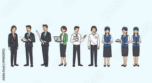 Diverse business professionals and service staff characters illustration