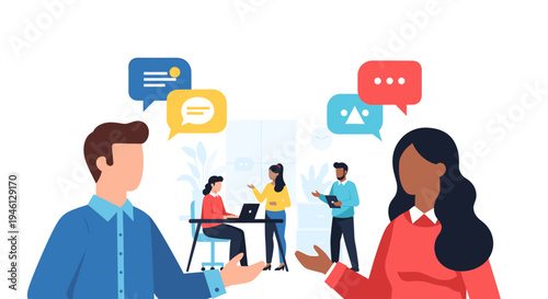 Diverse business professionals communicating and collaborating in a modern office.