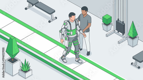 Isometric physical therapist helping male patient walk with robotic exoskeleton in rehabilitation clinic