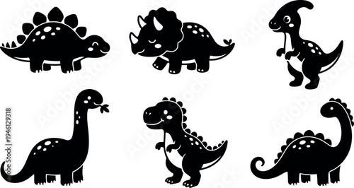 Cute black silhouette cartoon dinosaurs set includes stegosaurus triceratops parasaurolophus brachiosaurus and tyrannosaurus rex vector art collection