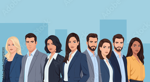 Diverse business team standing in front of city background