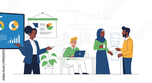 Diverse business team working and presenting data in modern office