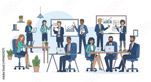 Diverse business team collaborating in a busy modern office