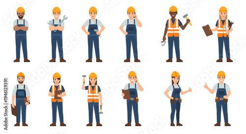 Diverse cartoon construction workers in uniform holding tools