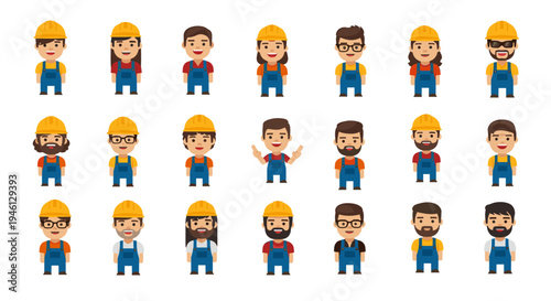 Diverse cartoon construction workers wearing hard hats and overalls